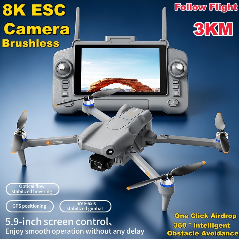 Drone Camera 4K - 5.9インチタッチスクリーン、3軸ジンバル、8K ESCカメラ、GPS、光学フロー、デュアルポジショニング、ブラシレスモーター、障害物回避機能を備えたクアッドコプター。